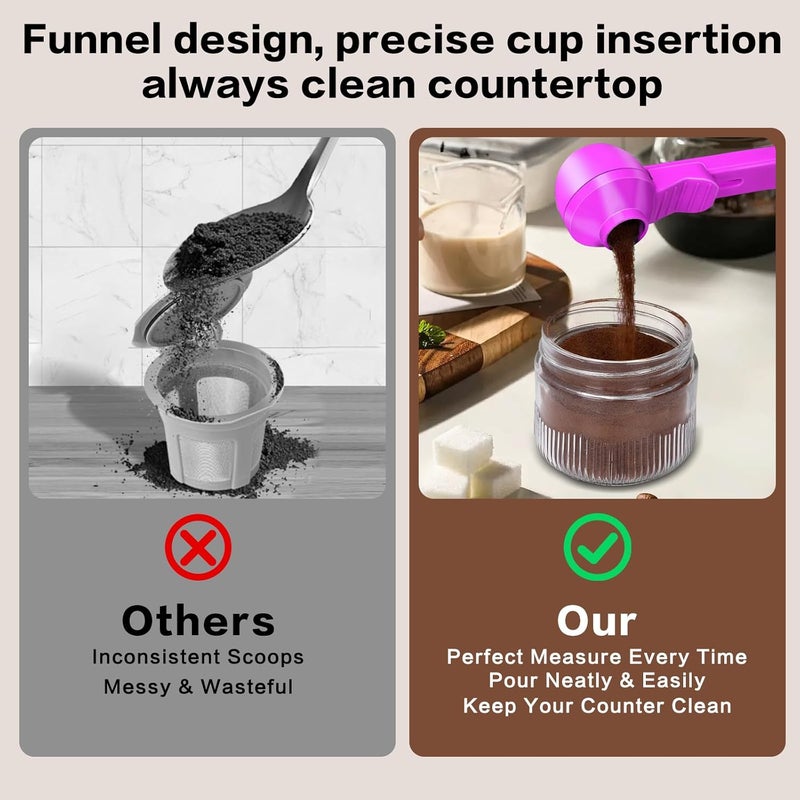 CEILUPY 2-in-1 Coffee Scoop with Funnel, 2 Teaspoon Measuring Spoon for Reusable K Cups, Ground Coffee, Protein Powder & Tea, Mess-Free Plastic Design (Rose Red) - Image 4